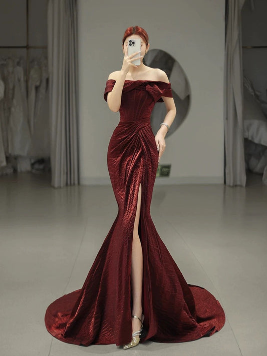 Classy Mermaid Off The Shoulder Burgundy Satin Slit Evening Dress Long Prom Dresses H2875