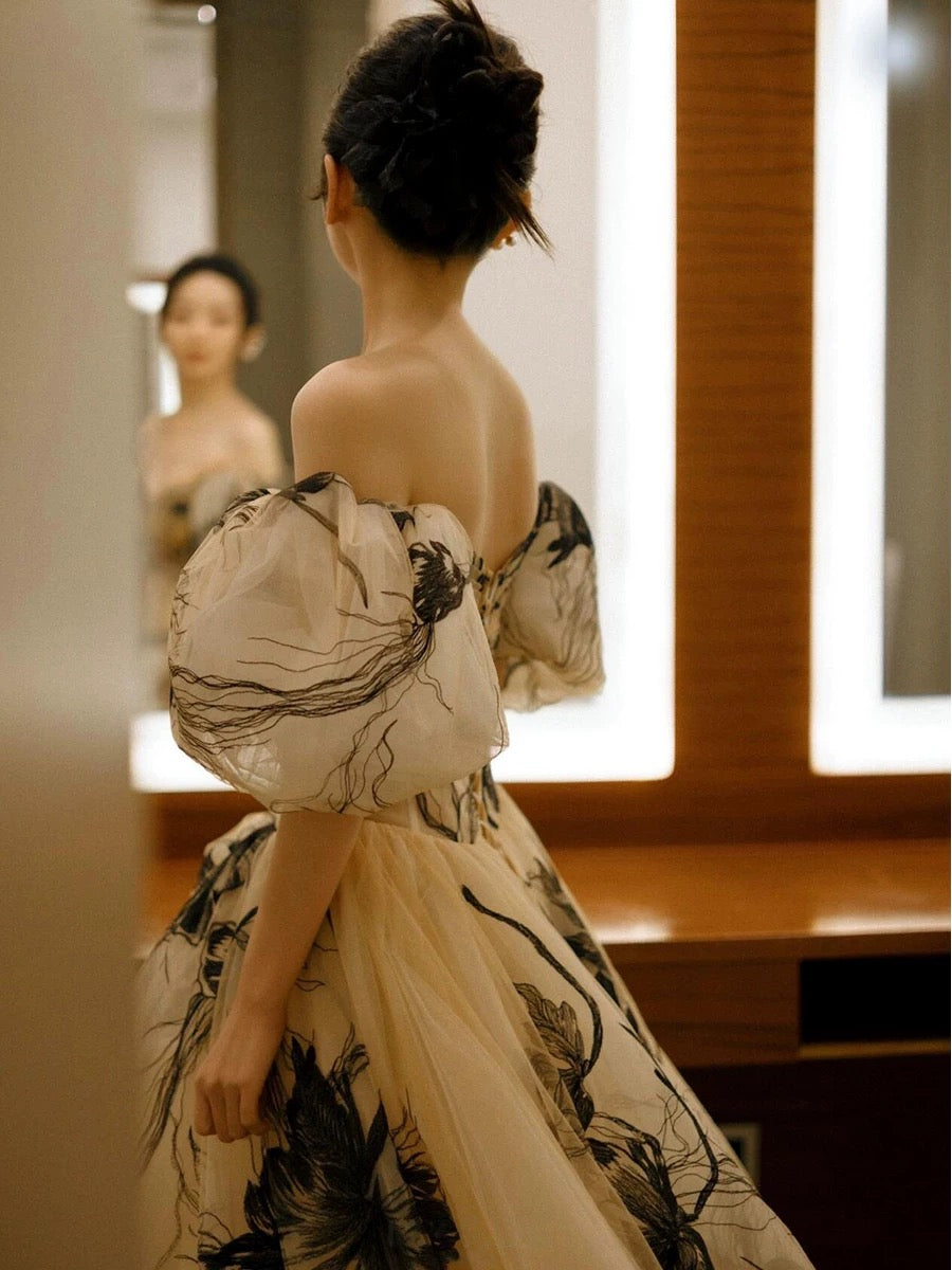 Sexy Ball Gown Off The Shoulder Champagne Elegant Tulle Long Prom Dresses H2867