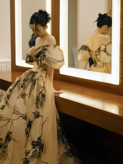 Sexy Ball Gown Off The Shoulder Champagne Elegant Tulle Long Prom Dresses H2867