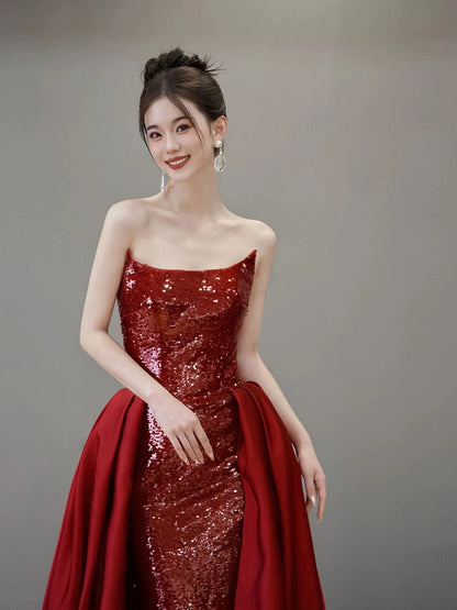 Classy Mermaid Strapless Red Sequin Long Evening Dress Long Prom Dresses H2879