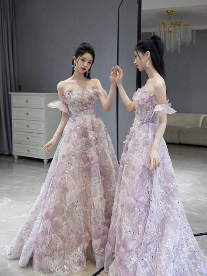 Classy Ball Gown Straps Pink Floral Evening Dress Long Prom Dresses H2880