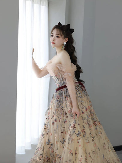 Sexy Ball Gown Off The Shoulder Long Sleeves Champagne Elegant Tulle Long Prom Dresses H2881