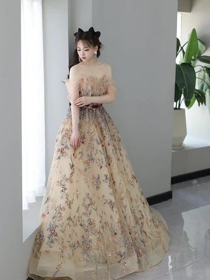 Sexy Ball Gown Off The Shoulder Long Sleeves Champagne Elegant Tulle Long Prom Dresses H2881