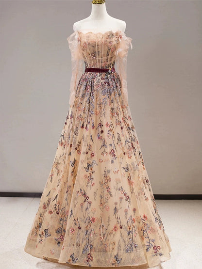 Sexy Ball Gown Off The Shoulder Long Sleeves Champagne Elegant Tulle Long Prom Dresses H2881