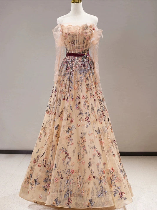 Sexy Ball Gown Off The Shoulder Long Sleeves Champagne Elegant Tulle Long Prom Dresses H2881