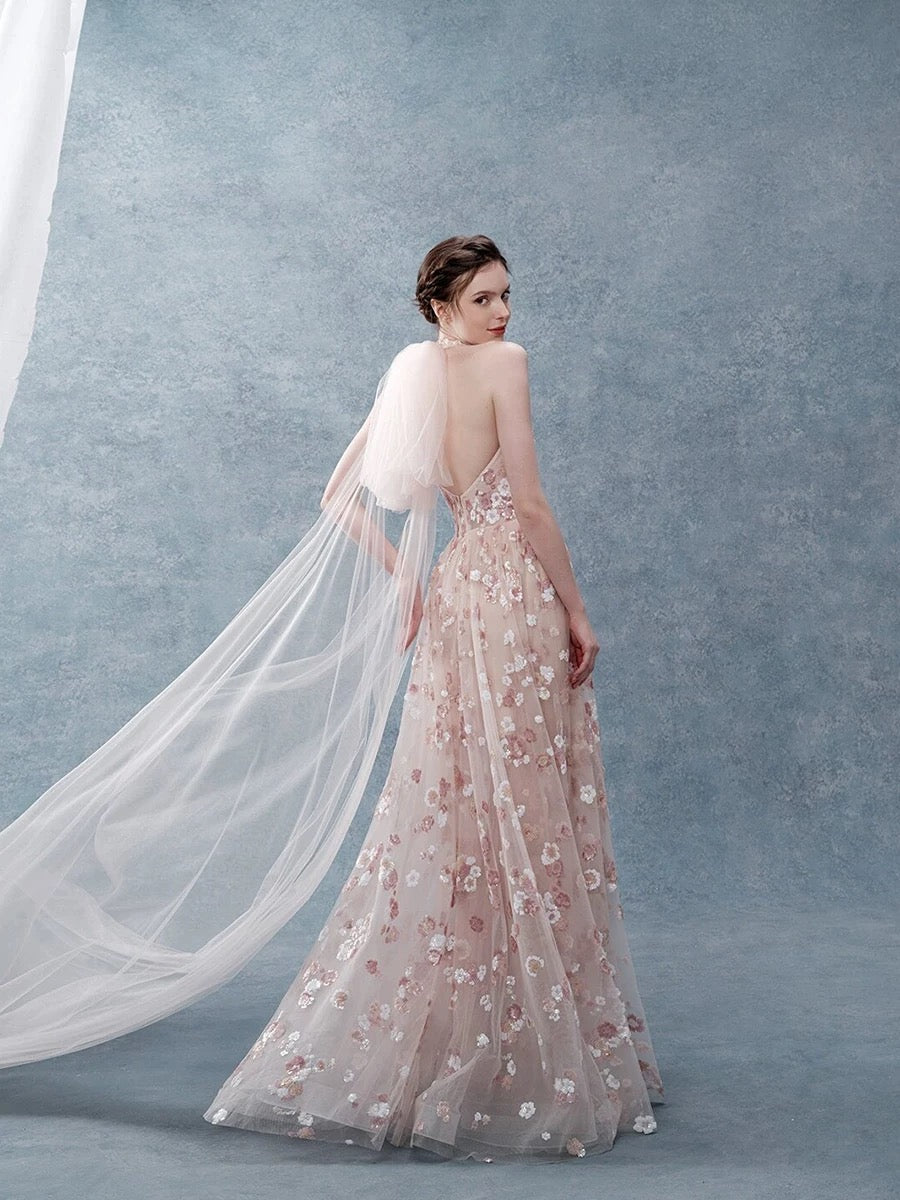 Classy A Line Halter Pink Floral Evening Dress Long Prom Dresses H2882