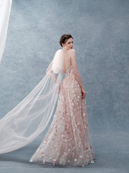 Classy A Line Halter Pink Floral Evening Dress Long Prom Dresses H2882