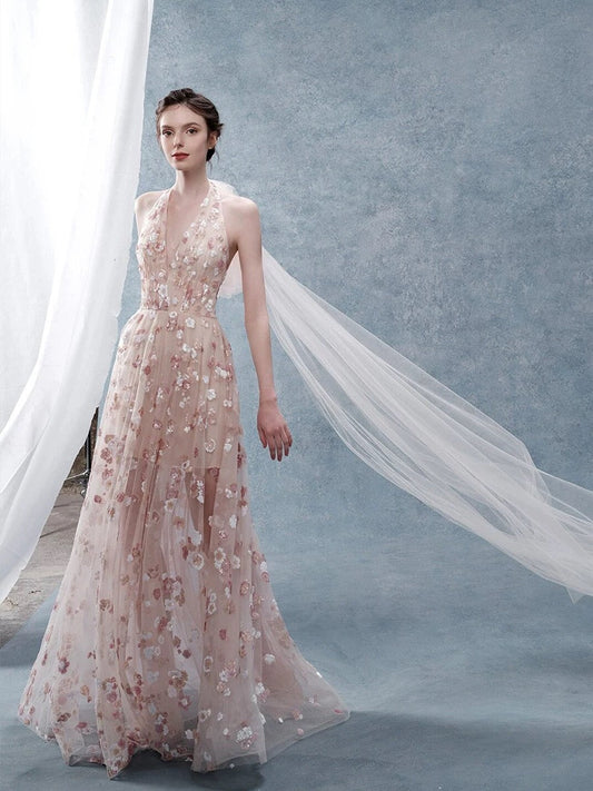 Classy A Line Halter Pink Floral Evening Dress Long Prom Dresses H2882