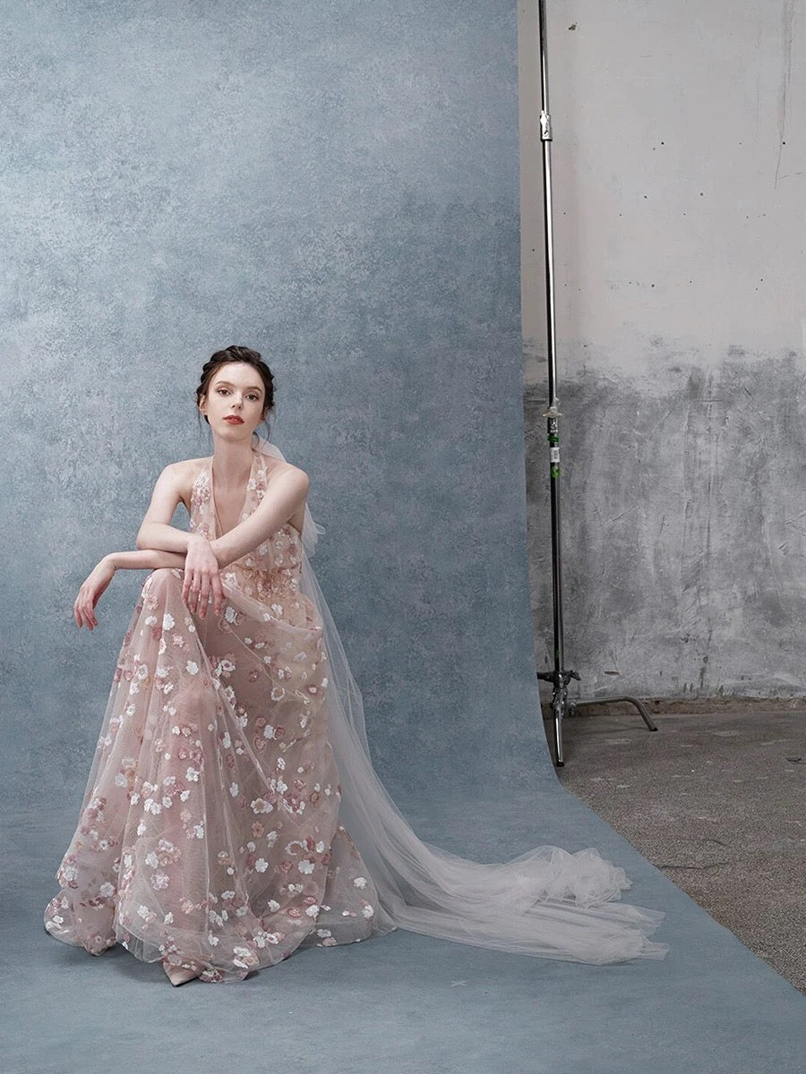 Classy A Line Halter Pink Floral Evening Dress Long Prom Dresses H2882