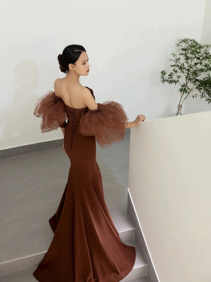 Classy Mermaid Off The Shoulder Satin Brown Evening Dress Long Prom Dresses H2885