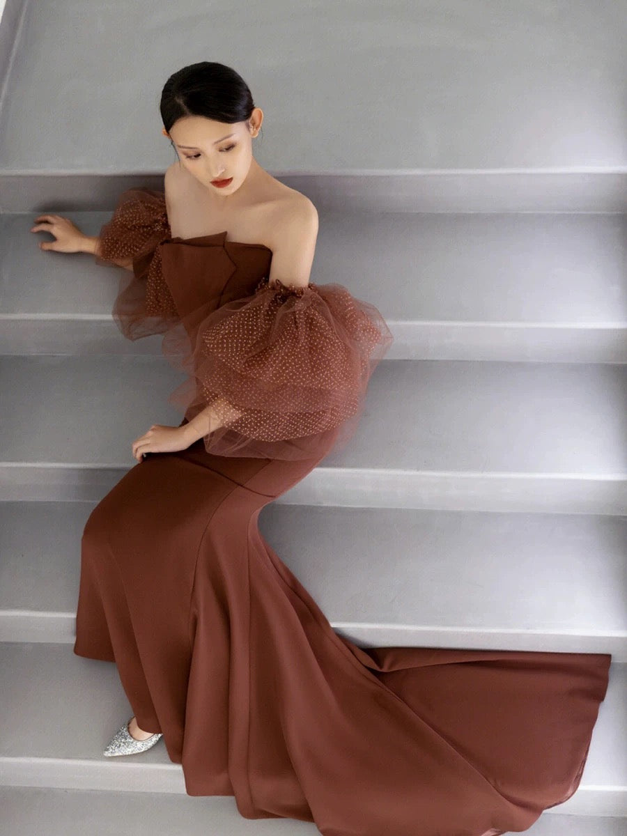 Classy Mermaid Off The Shoulder Satin Brown Evening Dress Long Prom Dresses H2885