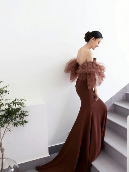 Classy Mermaid Off The Shoulder Satin Brown Evening Dress Long Prom Dresses H2885