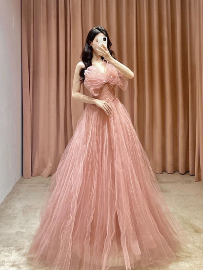 Classy Elegant A line Spaghetti Straps Pink Tulle Beading Sleeveless Prom Dresses H2888