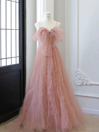 Classy Elegant A line Spaghetti Straps Pink Tulle Beading Sleeveless Prom Dresses H2888