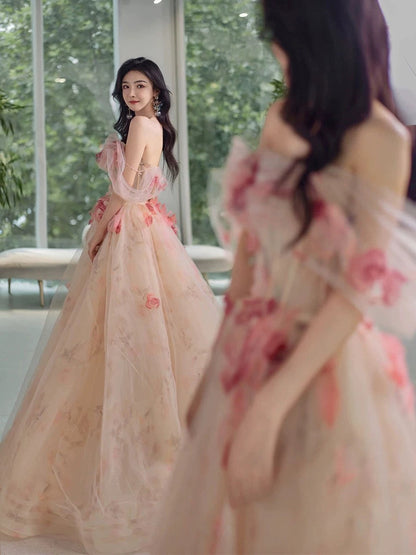 Classy Elegant A line Off The Shoulder Pink Tulle Flowers Short Sleeves Prom Dresses H2890