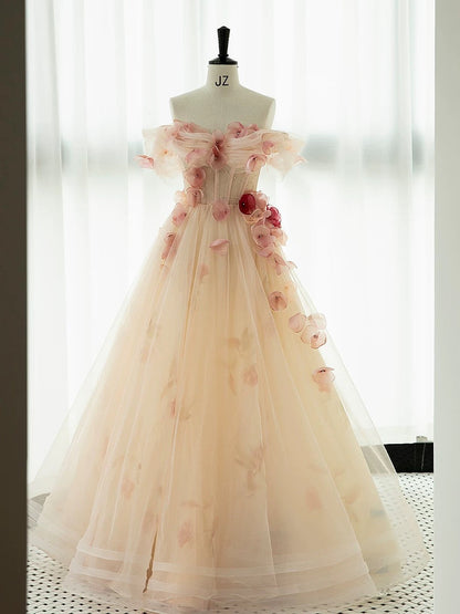 Classy Elegant A line Off The Shoulder Pink Tulle Flowers Short Sleeves Prom Dresses H2890