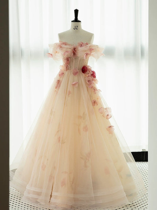 Classy Elegant A line Off The Shoulder Pink Tulle Flowers Short Sleeves Prom Dresses H2890