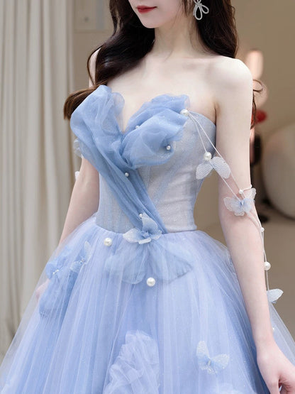 Classy Elegant Ball Gown Sweetheart Blue Tulle Flowers Prom Dresses H2891