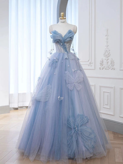 Classy Elegant Ball Gown Sweetheart Blue Tulle Flowers Prom Dresses H2891