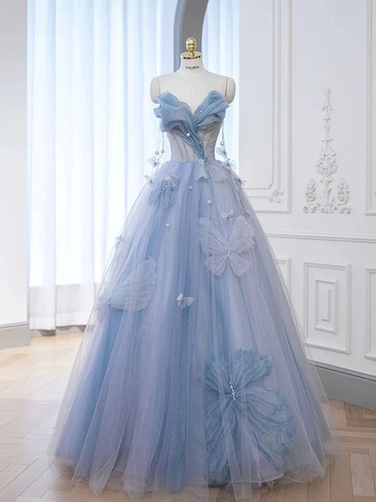 Classy Elegant Ball Gown Sweetheart Blue Tulle Flowers Prom Dresses H2891