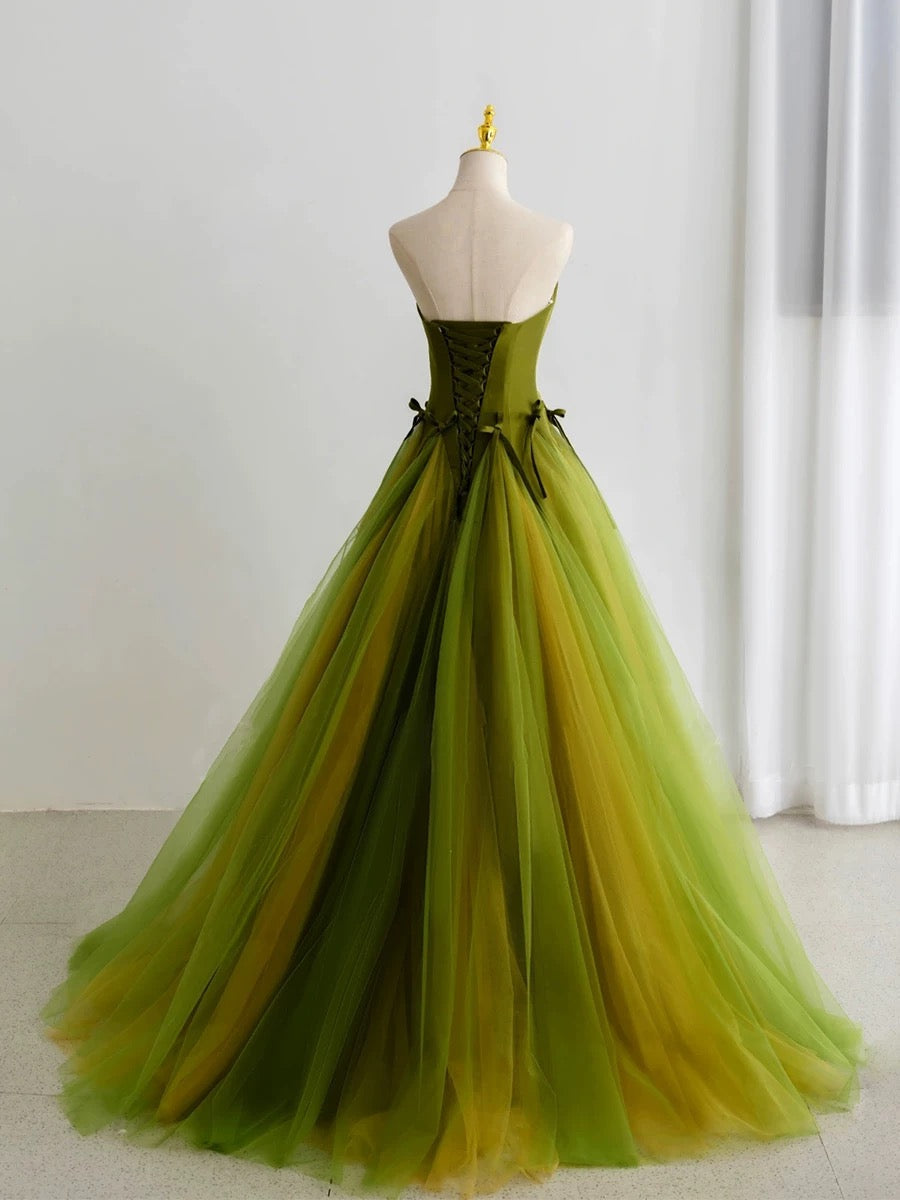 Classy Elegant Ball Gown Strapless Green Sleeveless Tulle Long Prom Dresses H2892