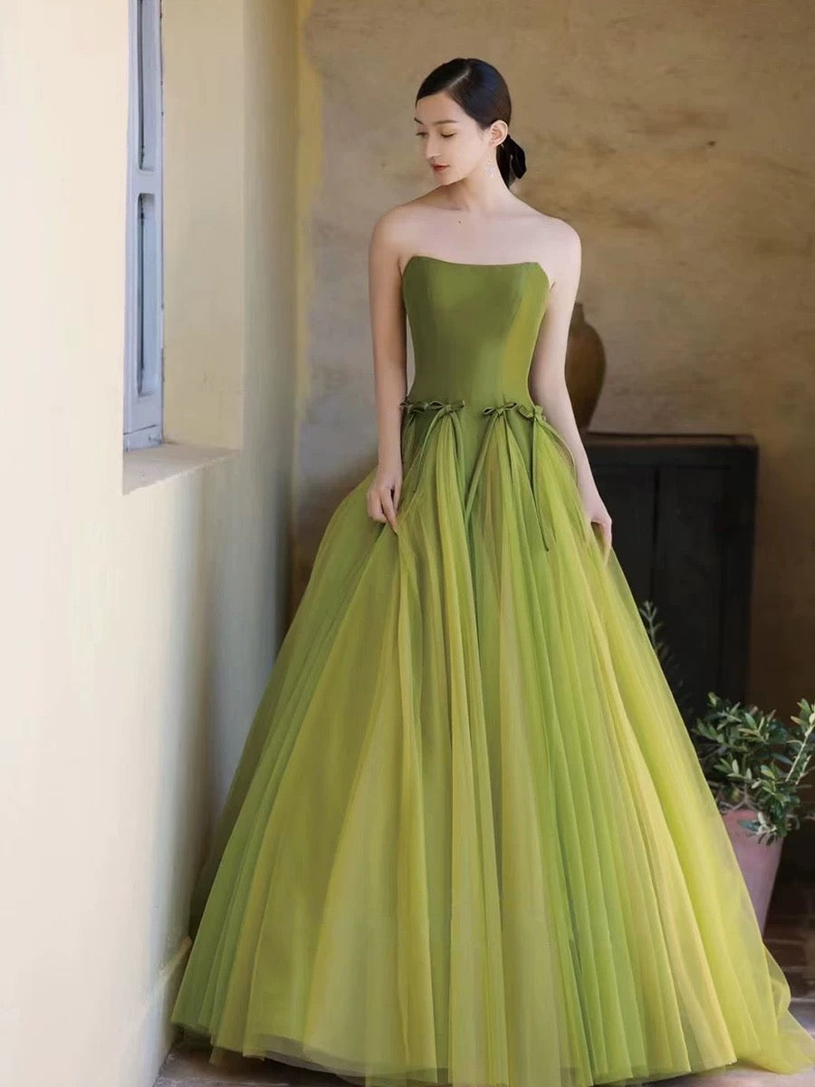 Classy Elegant Ball Gown Strapless Green Sleeveless Tulle Long Prom Dresses H2892