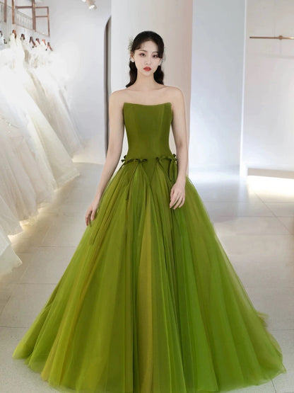 Classy Elegant Ball Gown Strapless Green Sleeveless Tulle Long Prom Dresses H2892