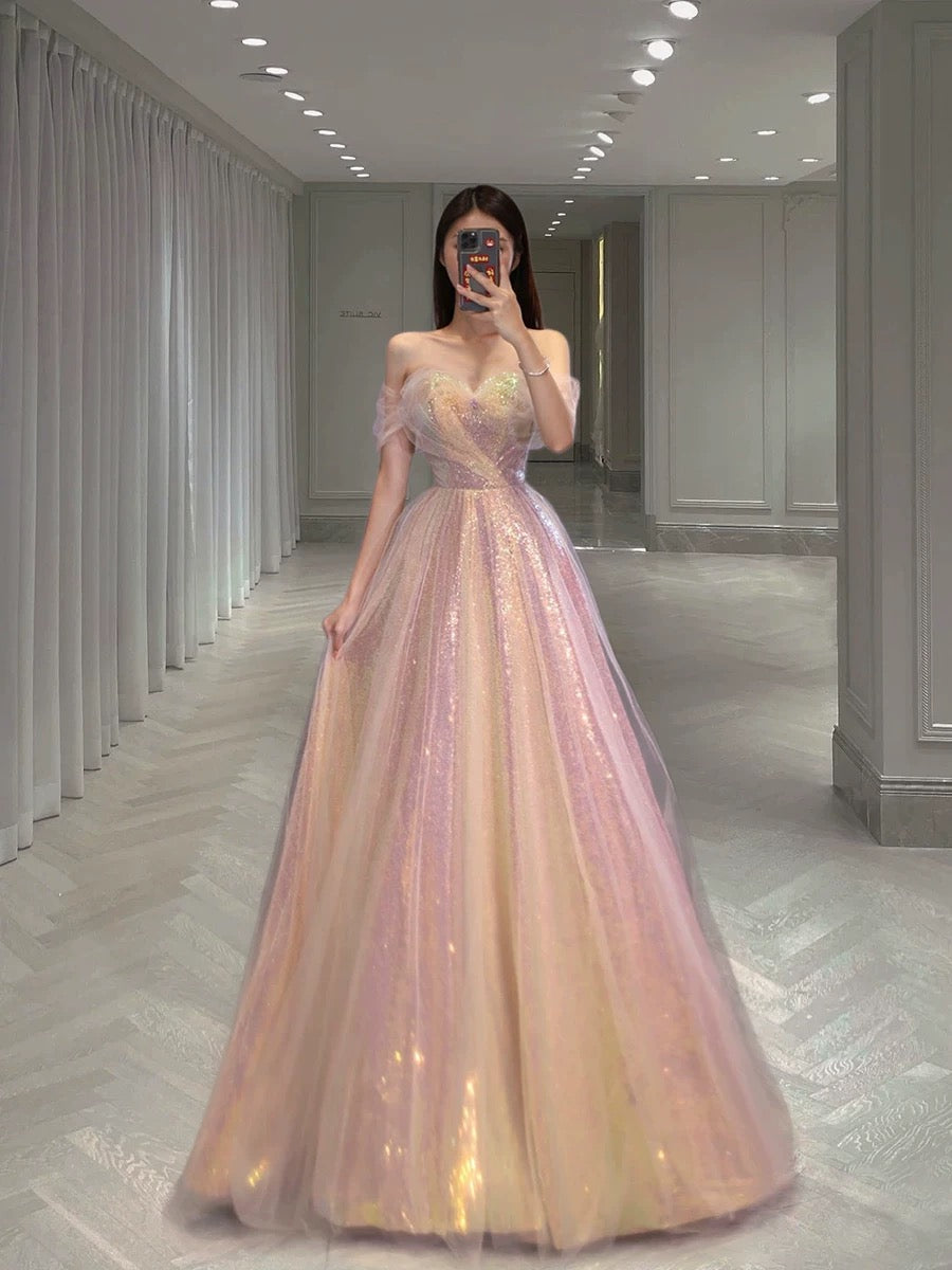 Classy Elegant Ball Gown Off The Shoulder Pink Short Sleeves Tulle Long Prom Dresses H2894