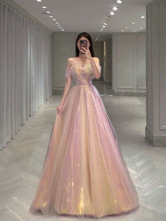 Classy Elegant Ball Gown Off The Shoulder Pink Short Sleeves Tulle Long Prom Dresses H2894