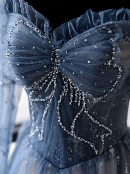 Classy A Line Sweetheart Long Sleeves Blue Sequin Evening Dress Long Prom Dresses H2896