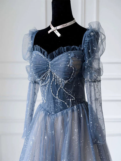 Classy A Line Sweetheart Long Sleeves Blue Sequin Evening Dress Long Prom Dresses H2896