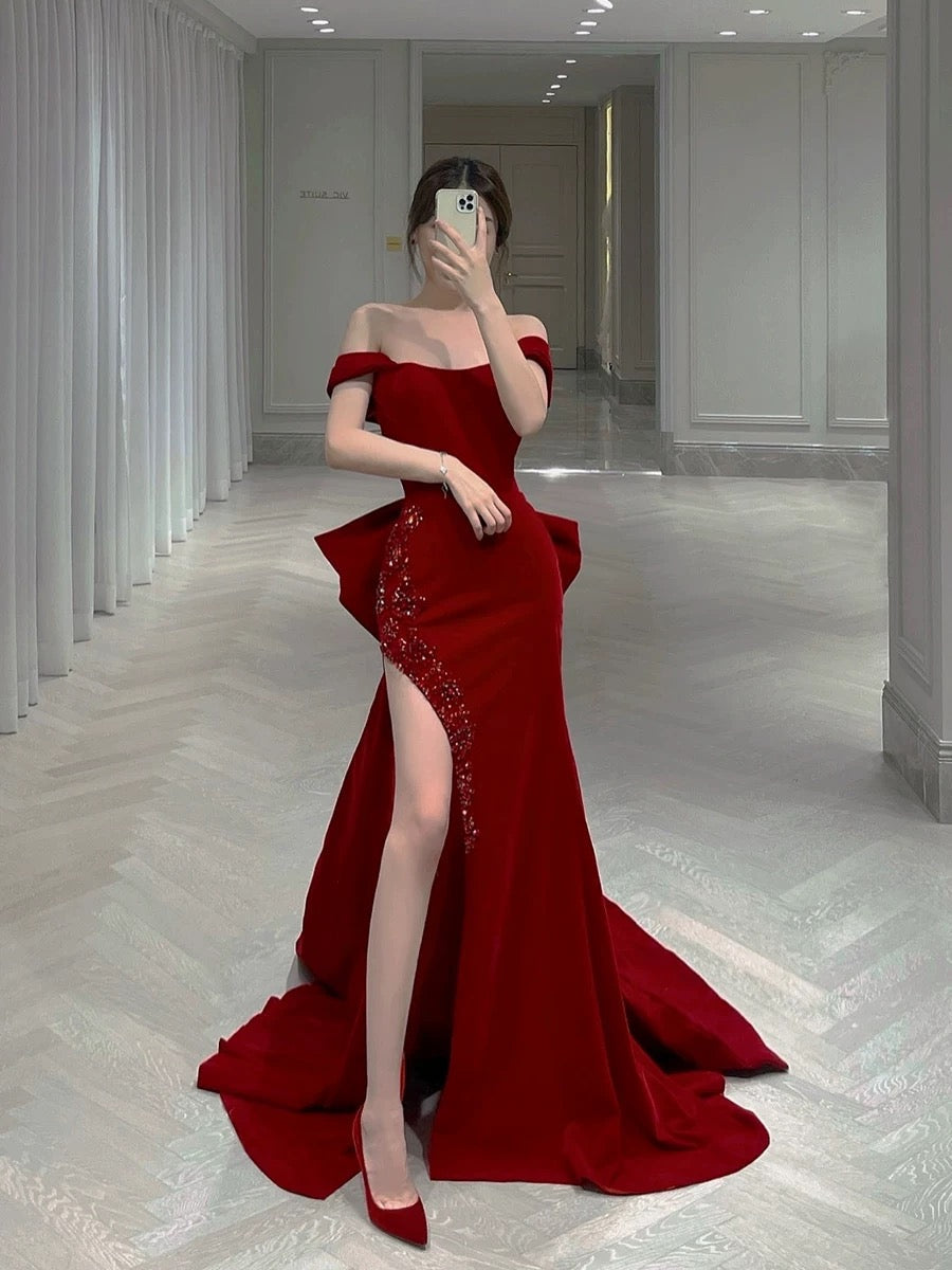 Classy Mermaid Off The Shoulder Satin Burgundy Short Sleeves Evening Dress Long Prom Dresses H2897