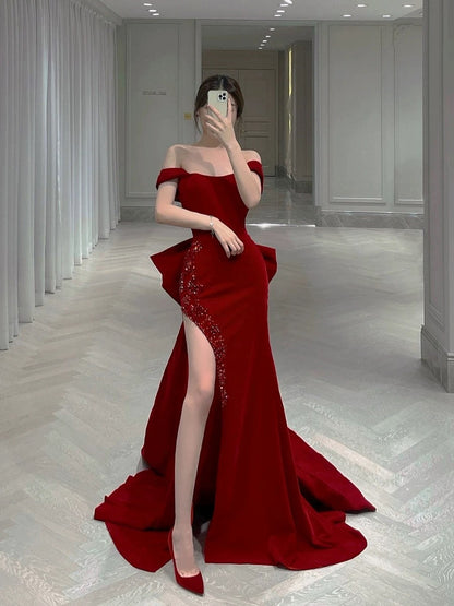 Classy Mermaid Off The Shoulder Satin Burgundy Short Sleeves Evening Dress Long Prom Dresses H2897