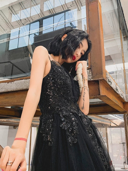 Classy Elegant A Line Spaghetti Straps Black Tulle Long Prom Dresses H2898