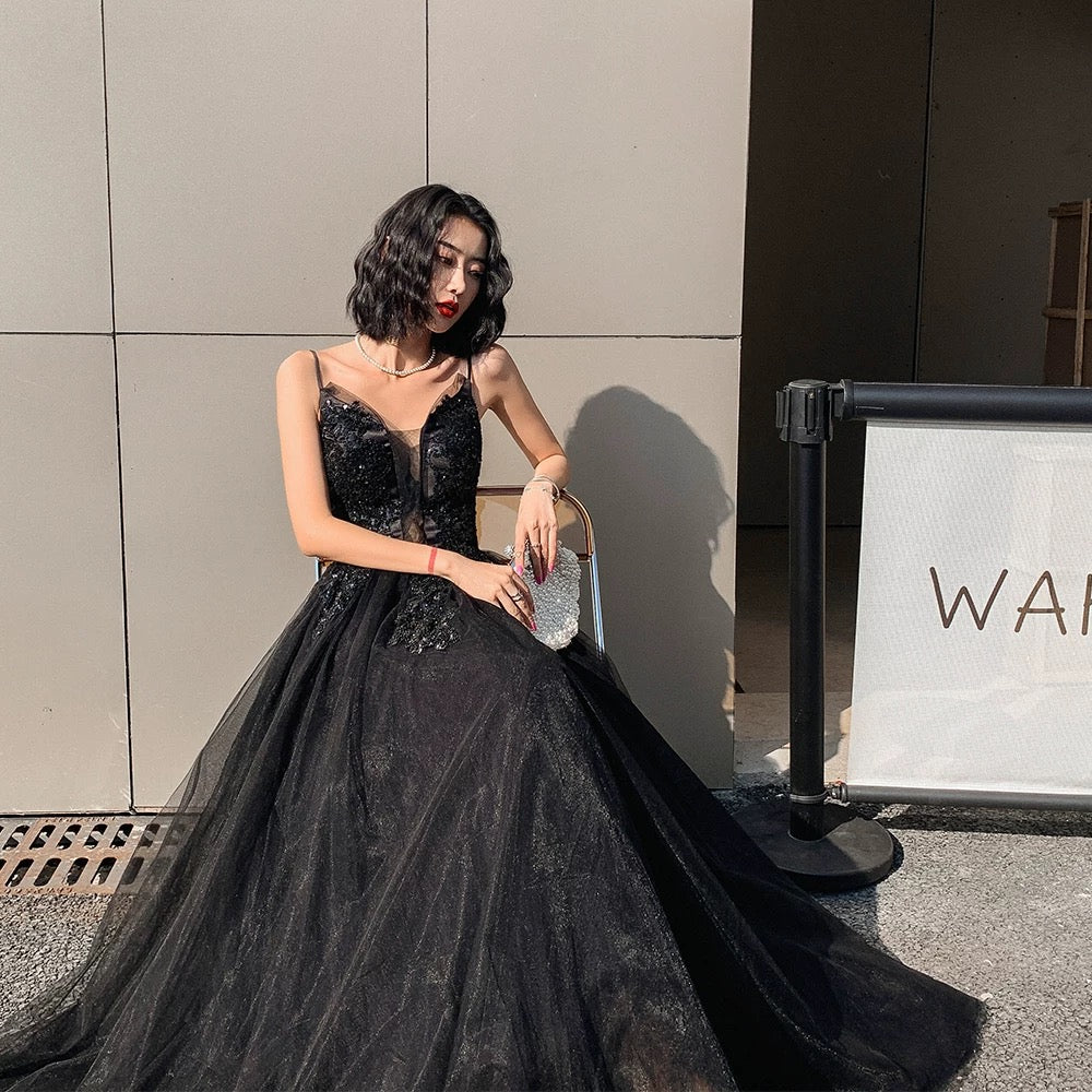 Classy Elegant A Line Spaghetti Straps Black Tulle Long Prom Dresses H2898