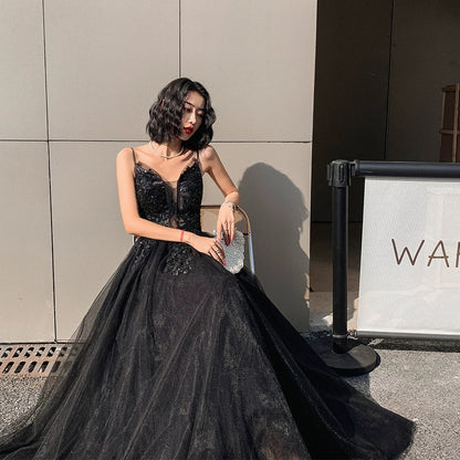 Classy Elegant A Line Spaghetti Straps Black Tulle Long Prom Dresses H2898