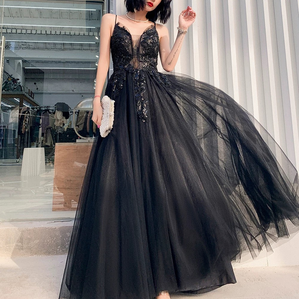 Classy Elegant A Line Spaghetti Straps Black Tulle Long Prom Dresses H2898
