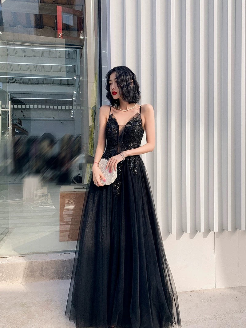 Classy Elegant A Line Spaghetti Straps Black Tulle Long Prom Dresses H2898