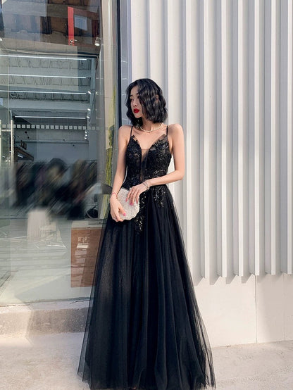 Classy Elegant A Line Spaghetti Straps Black Tulle Long Prom Dresses H2898