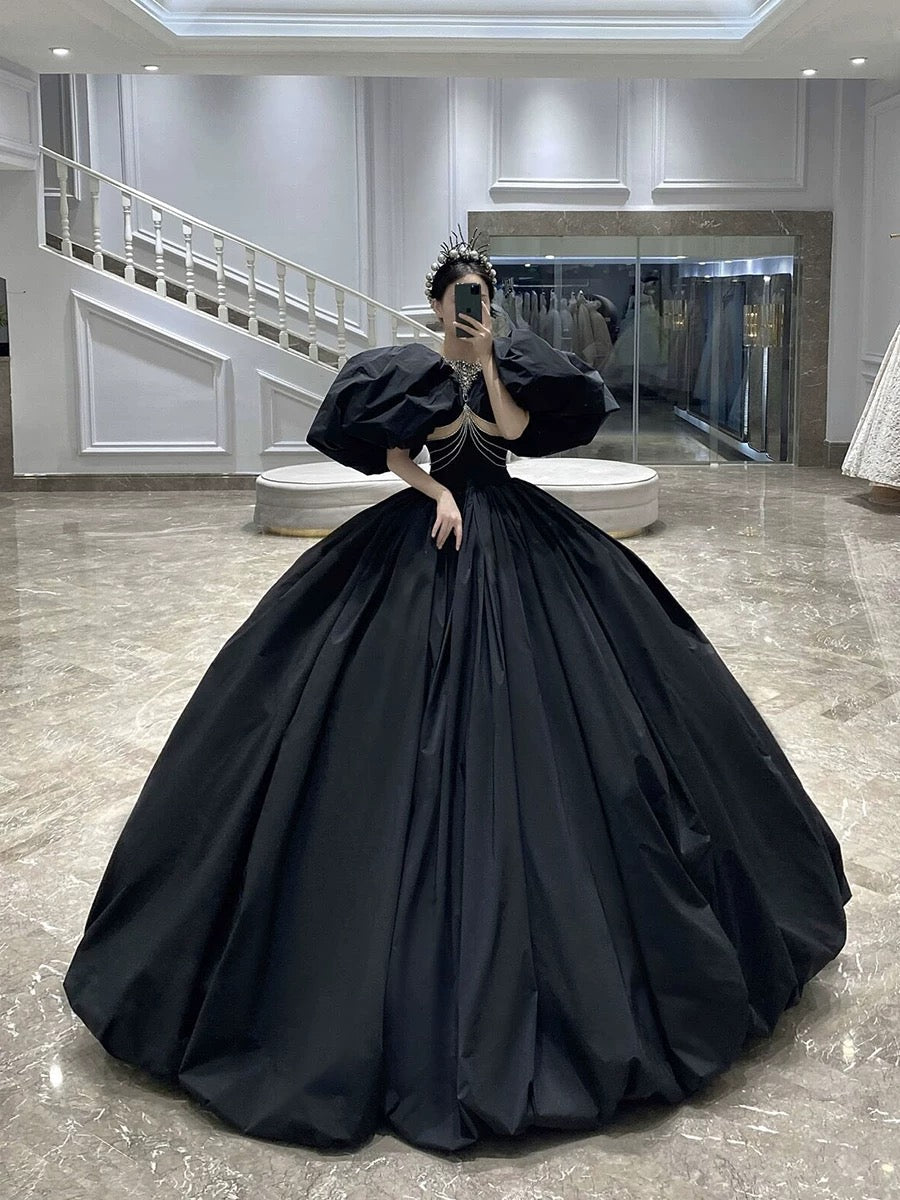 Classy Elegant Ball Gown Short Sleeves Beads Black Satin Long Prom Dresses H2899