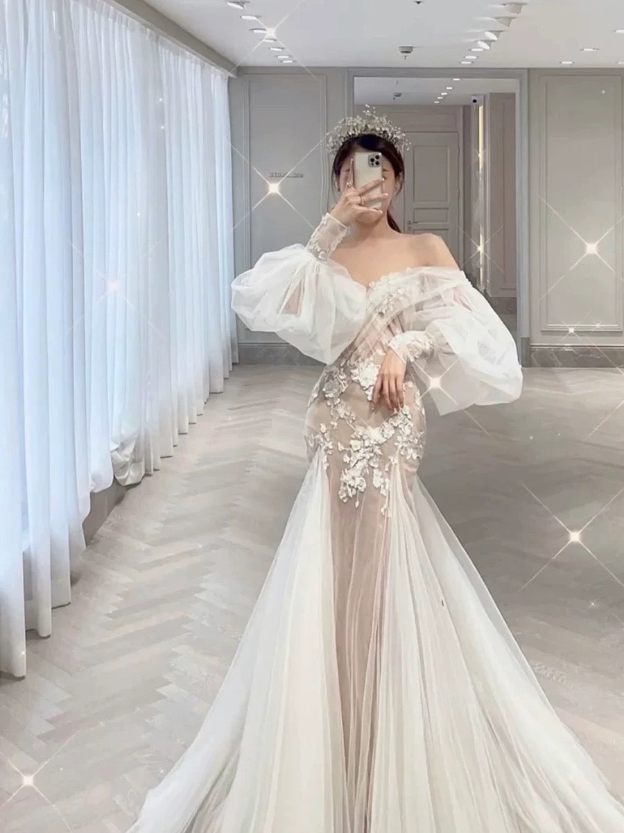 Elegant Mermaid Off The Shoulder White Lace Long Sleeves Wedding Dresses Brides Dress H2901