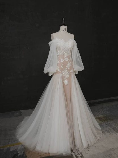 Elegant Mermaid Off The Shoulder White Lace Long Sleeves Wedding Dresses Brides Dress H2901