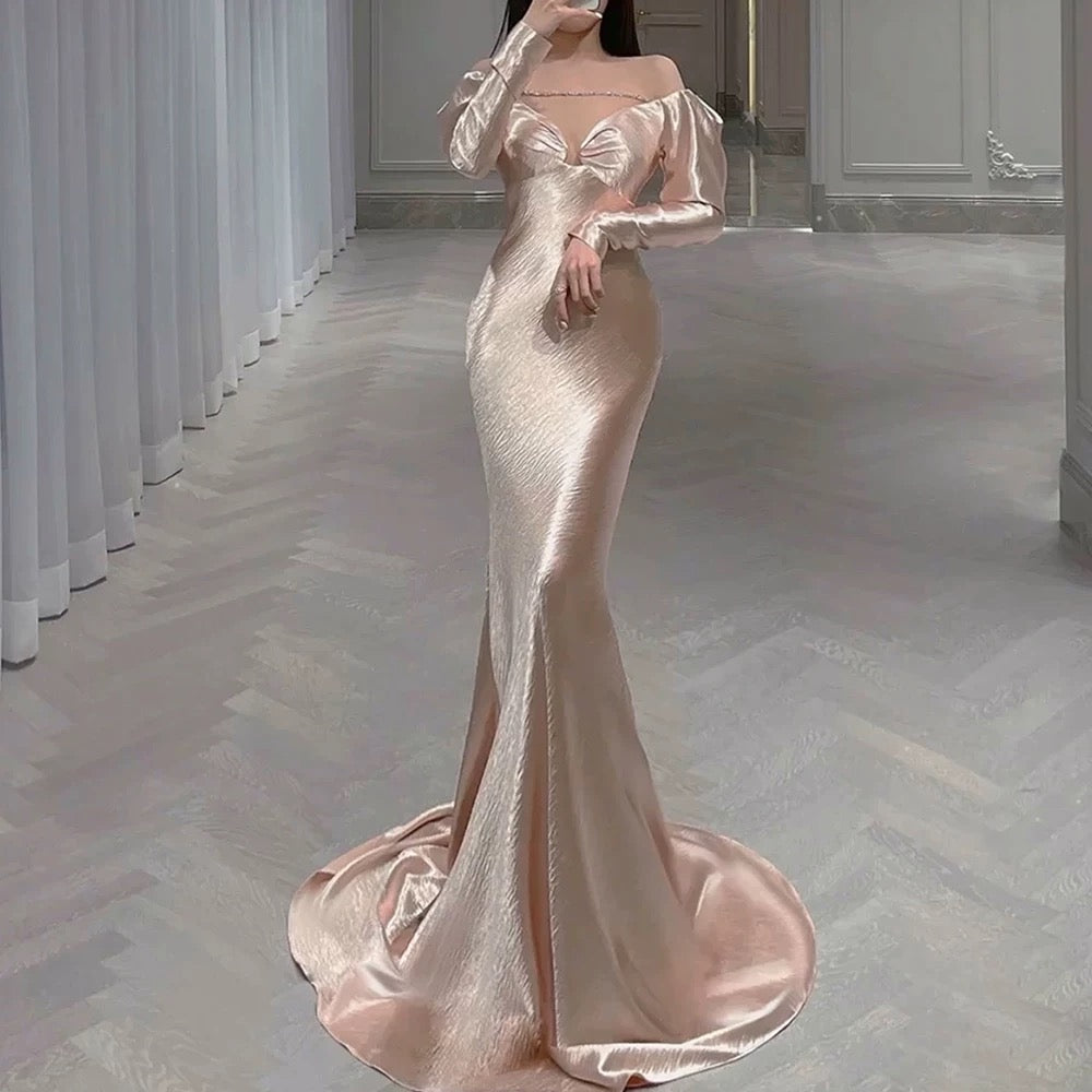 Classy Mermaid Off The Shoulder Satin Pink Long Sleeves Evening Dress Long Pink Prom Dresses H2903