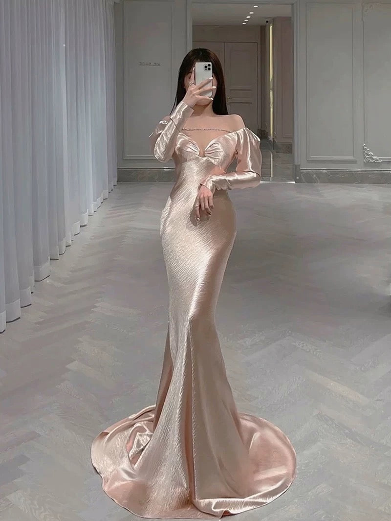 Classy Mermaid Off The Shoulder Satin Pink Long Sleeves Evening Dress Long Pink Prom Dresses H2903