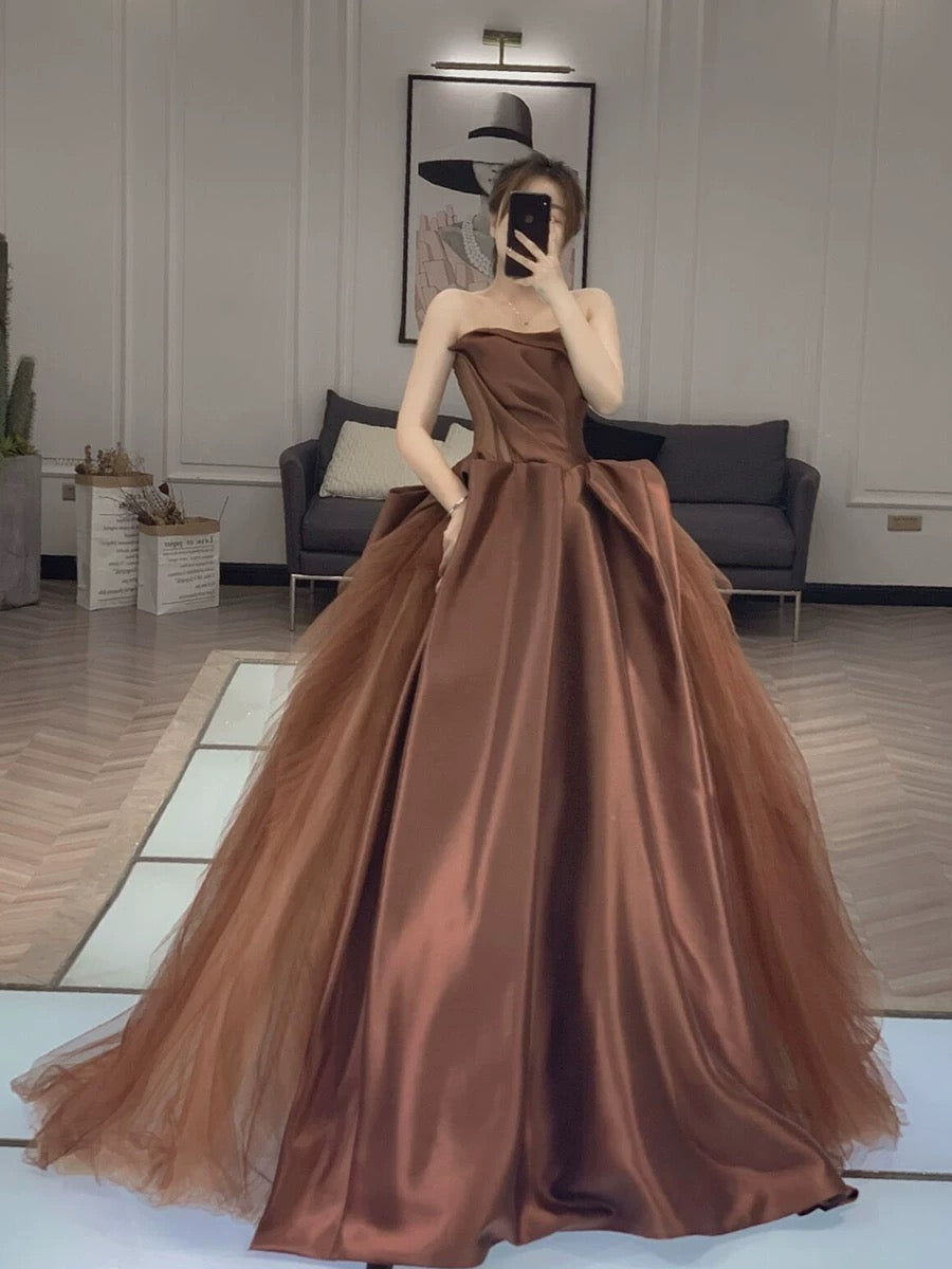 Classy Elegant Ball Gown Strapless Brown Tulle Sleeveless Long Prom Dresses H2904