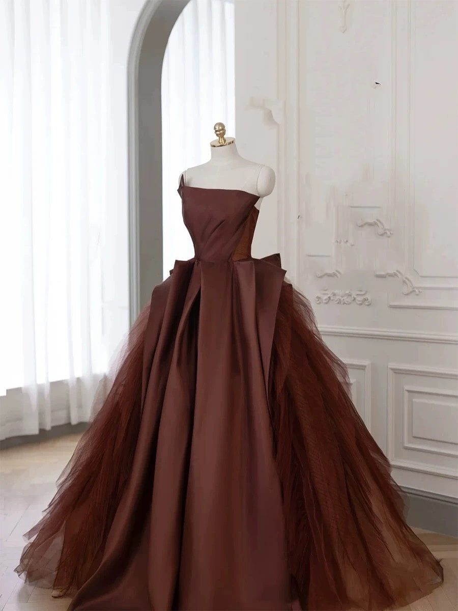 Classy Elegant Ball Gown Strapless Brown Tulle Sleeveless Long Prom Dresses H2904
