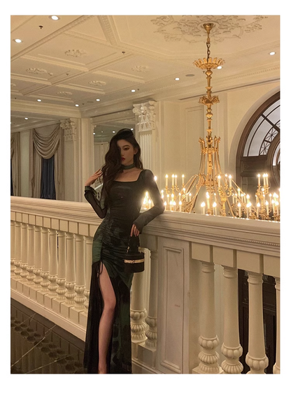 Chic Sheath Square Neckline Long Sleeves Green Long Prom Dresses Birthday Dress SD290