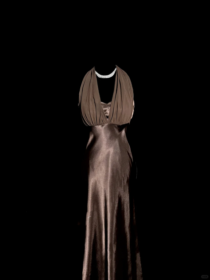 Retro Mermaid V Neckline Chiffon Brown Evening Dress Prom Dresses SD2914