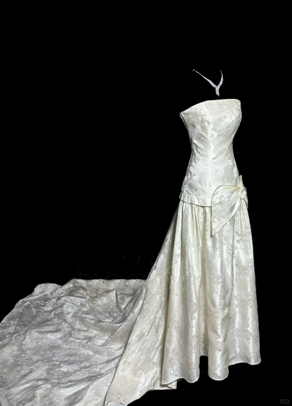 Vintage A line Strapless White Lace Prom Gown Fairy Prom Dresses SD2922