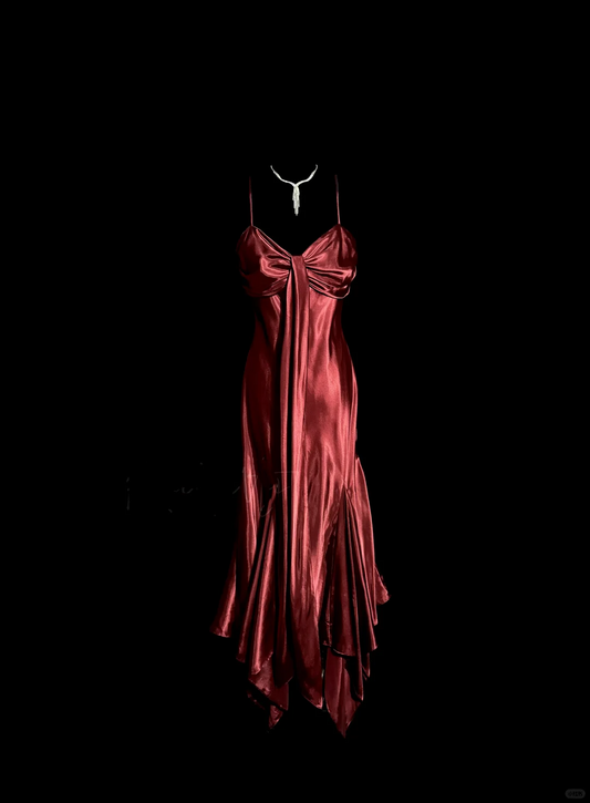 Vintage Mermaid Spaghetti Straps Satin Burgundy Prom Gown Fairy Prom Dresses SD2923
